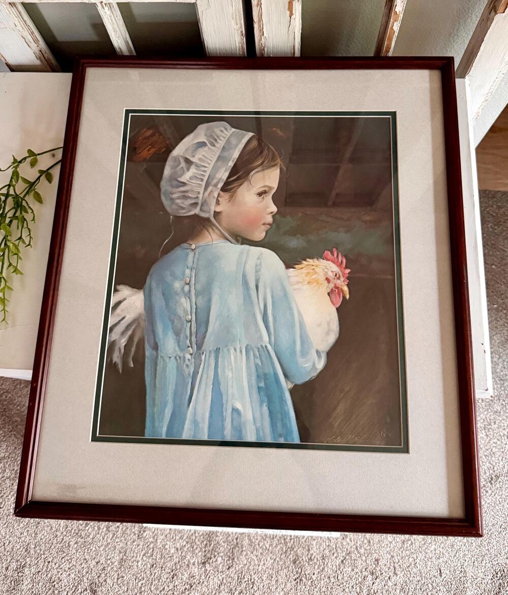 Nancy Noel Emma Print | Amish Girl Rooster Wall Art, Folk Portrait